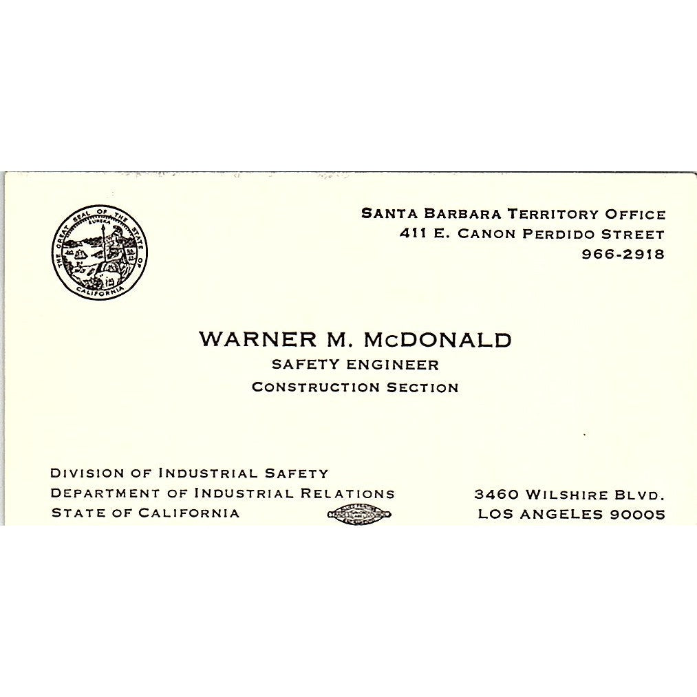 Safety Engineer Warner M. McDonald Los Angeles CA Vintage Business Card SF3-B7
