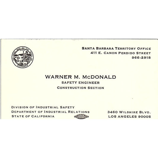 Safety Engineer Warner M. McDonald Los Angeles CA Vintage Business Card SF3-B7