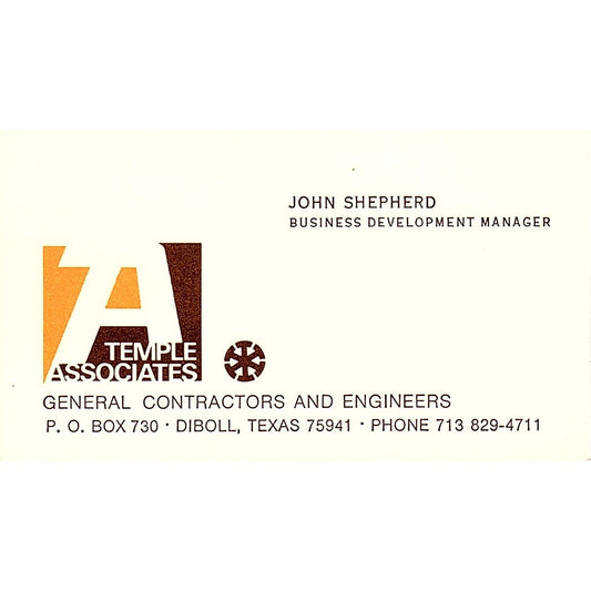 Temple Associates Contractors John Shepherd Diboll TX Vtg Business Card SD9-B3