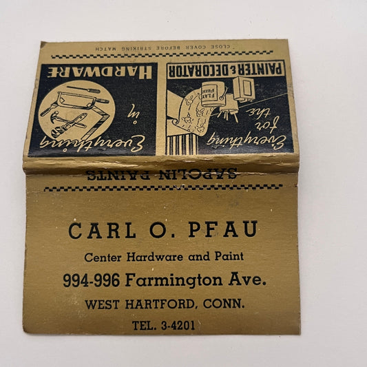 Carl O. Pfau Hardware & Paint West Hartford CT Vintage Matchbook Cover TB8-MB-3