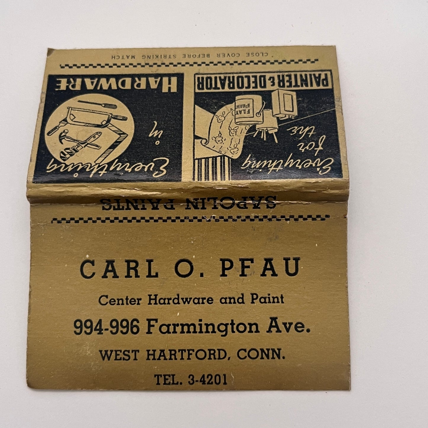 Carl O. Pfau Hardware & Paint West Hartford CT Vintage Matchbook Cover MM3-4