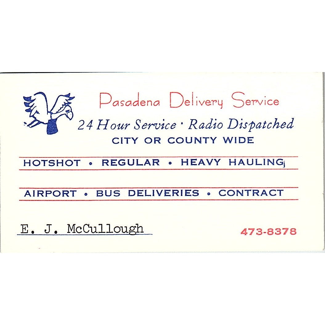 Pasadena Delivery Service E.J. McCullough Vintage Business Card SB4-B6