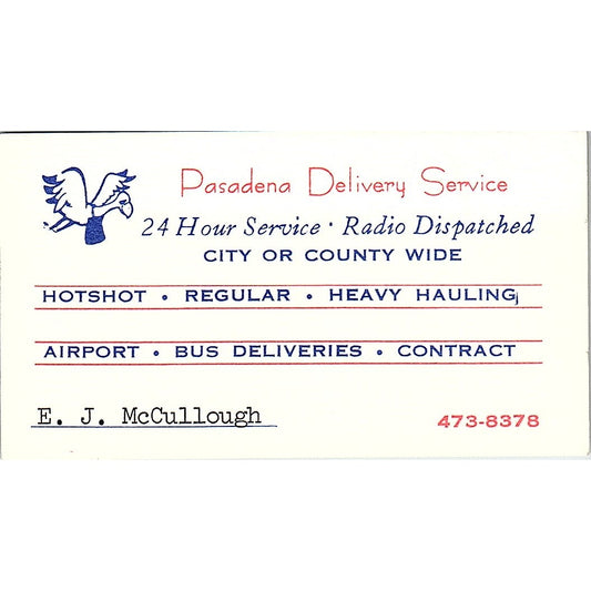 Pasadena Delivery Service E.J. McCullough Vintage Business Card SB4-B6