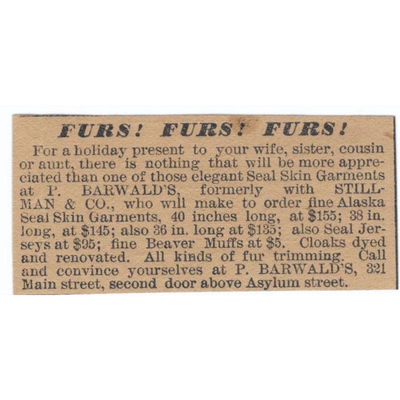 P. Bardwall Furs Asylum Street Hartford 1886 Newspaper Ad AF7-SS8