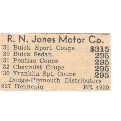 R.N. Jones Motor Co Dodge Hennepin Ave 1935 Minneapolis Journal Ad AE7-H3