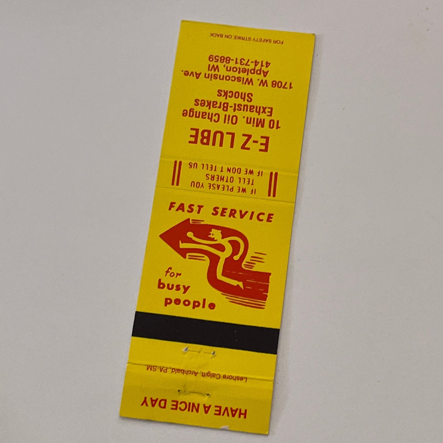 EZ Lube 1078 W Wisconsin Ave Appleton WI Vintage Matchbook Cover MB59-3