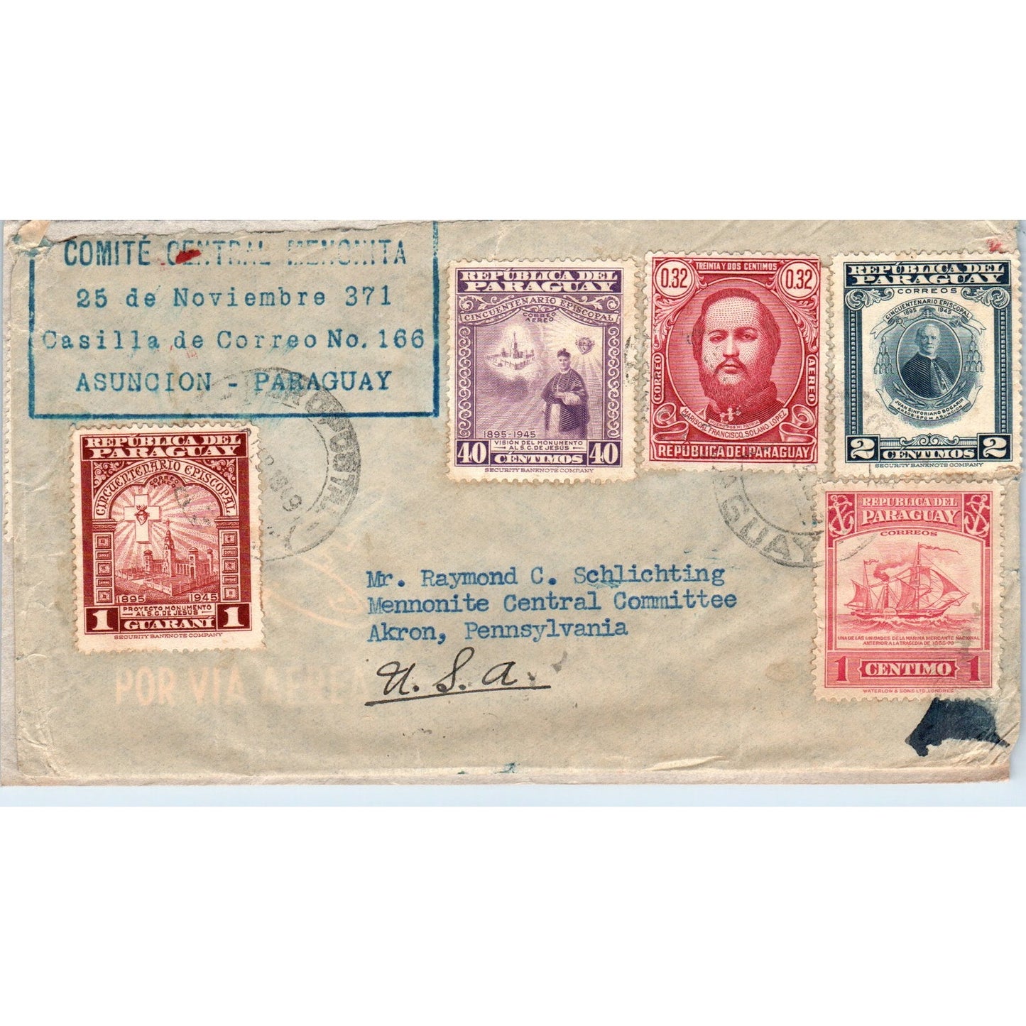 1940s Paraguay to Akron Ohio Mennonite Central Committee Postal Cover TI5-PC1