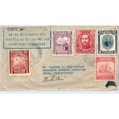 1940s Paraguay to Akron Ohio Mennonite Central Committee Postal Cover TI5-PC1