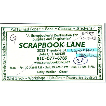 Scrapbook Lane Kathy Mueller Joliet IL Vintage Business Card SC9-B9