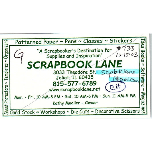 Scrapbook Lane Kathy Mueller Joliet IL Vintage Business Card SC9-B9