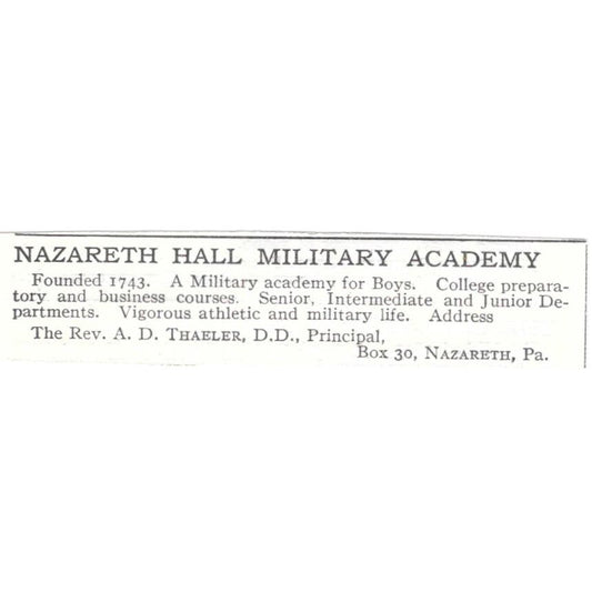 Nazareth Hall Military Academy A.D. Thaeler PA c1918 Advertisement AE5-SV1