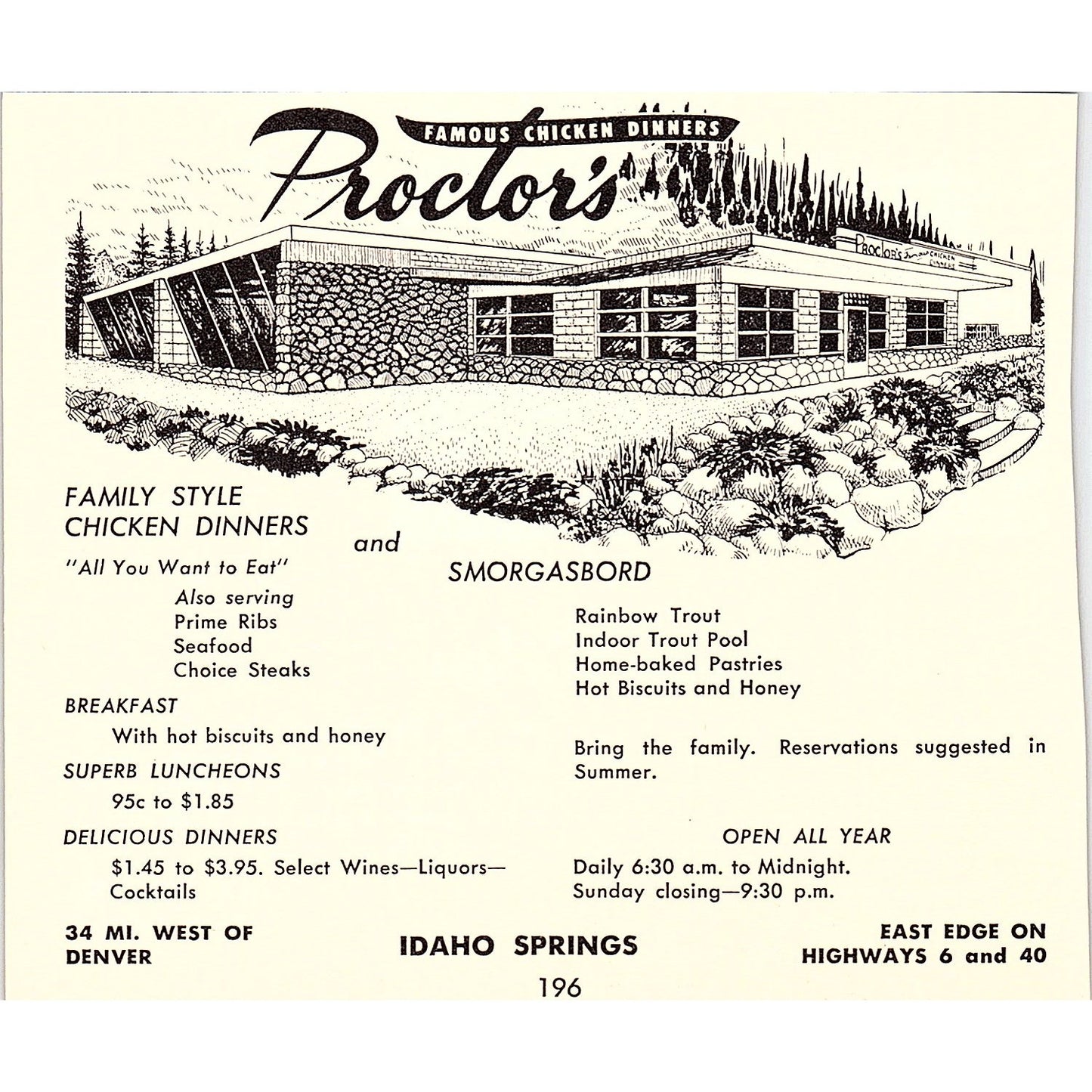 Proctors Restaurant, The Big Spruce Cabins Idaho Springs CO 1958 Ad AG1-H2