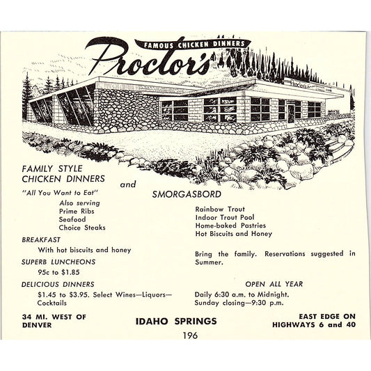 Proctors Restaurant, The Big Spruce Cabins Idaho Springs CO 1958 Ad AG1-H2