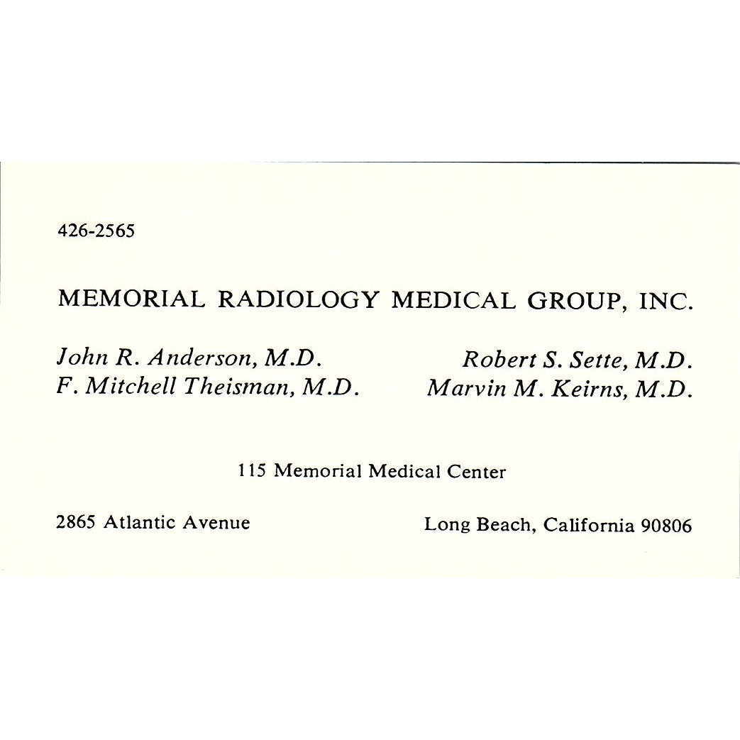 Memorial Radiology Medical Group, John R. Anderson, M.D., CA Business Card Sf3-B8