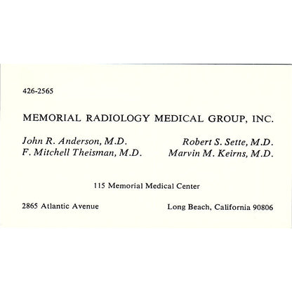 Memorial Radiology Medical Group, John R. Anderson, M.D., CA Business Card Sf3-B8