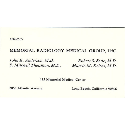 Memorial Radiology Medical Group, John R. Anderson, M.D., CA Business Card Sf3-B8