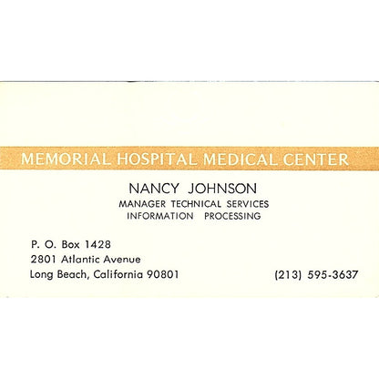Memorial Hospital Medical Center Nancy Johnson CA Vintage Business Card SF3-B3