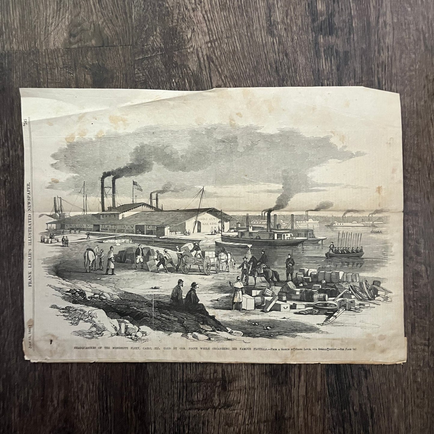 Headquarters of Mississippi Fleet Cairo IL Original 1863 Civil War Engraving C82