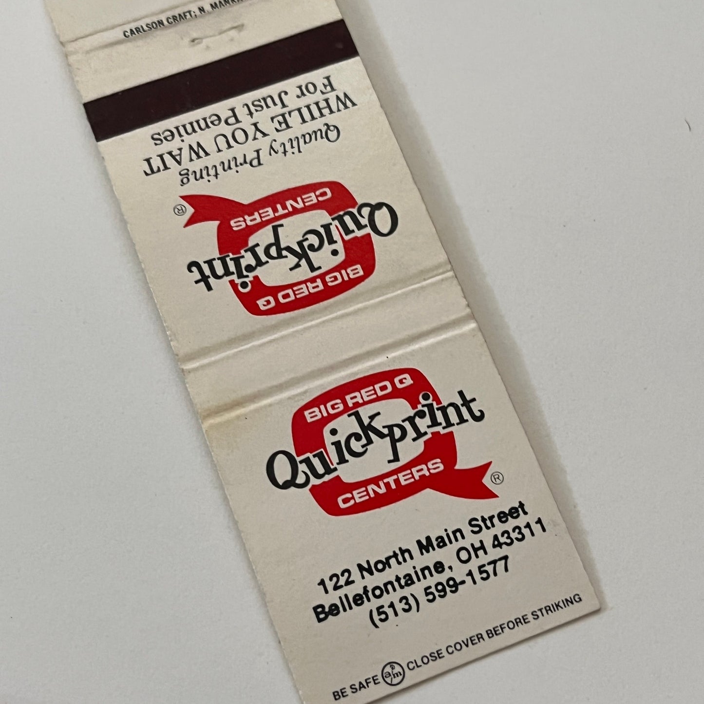 Big Red Q Quickprint Centers Bellefontaine OH Vintage Matchbook Cover TB6-MB2-1