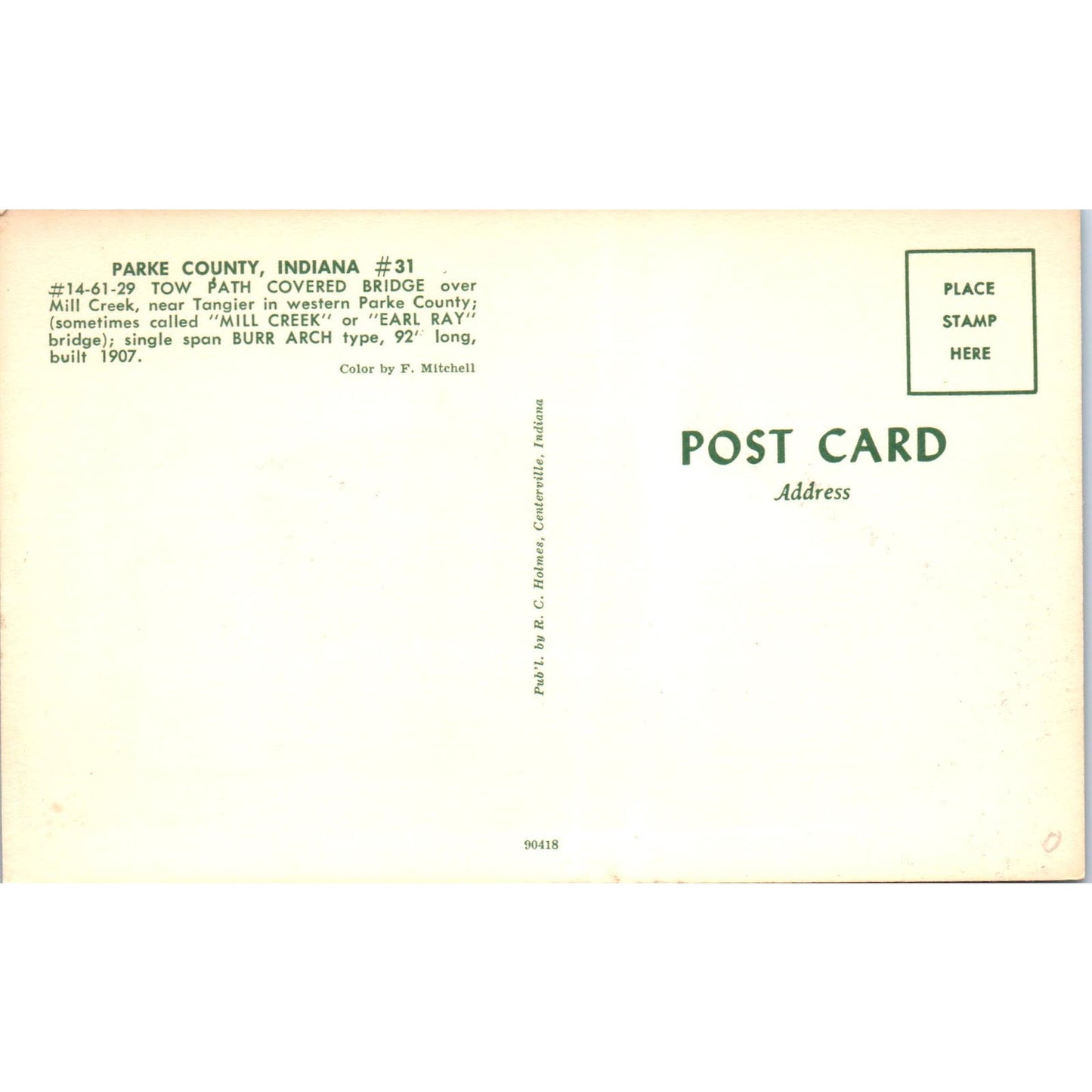 Parke County Indiana #31 Tow Path Earl Ray Covered Bridge Postcard PB13