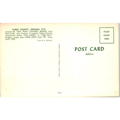 Parke County Indiana #31 Tow Path Earl Ray Covered Bridge Postcard PB13
