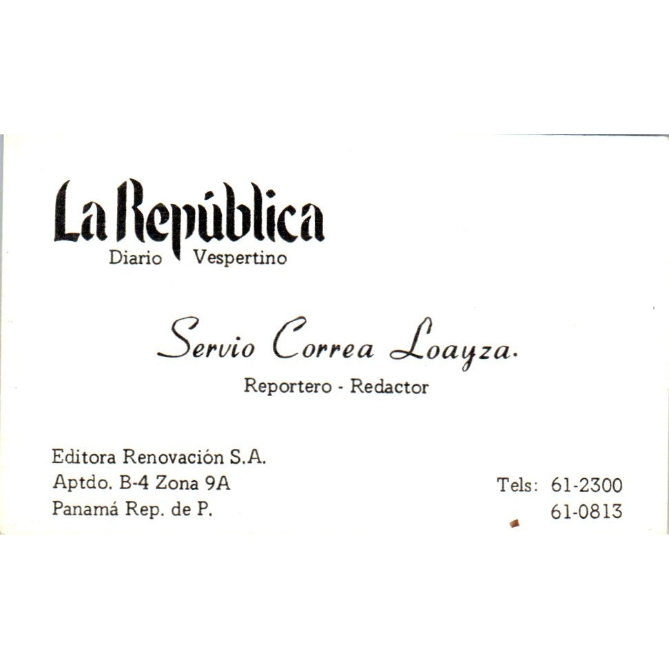 La República Diario Vespertino Servio Correa Loayza Panama Business Card SD8-B16