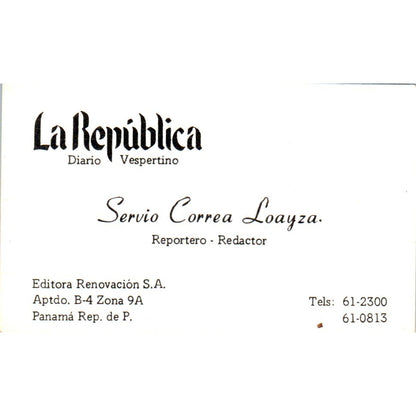 La República Diario Vespertino Servio Correa Loayza Panama Business Card SD8-B16