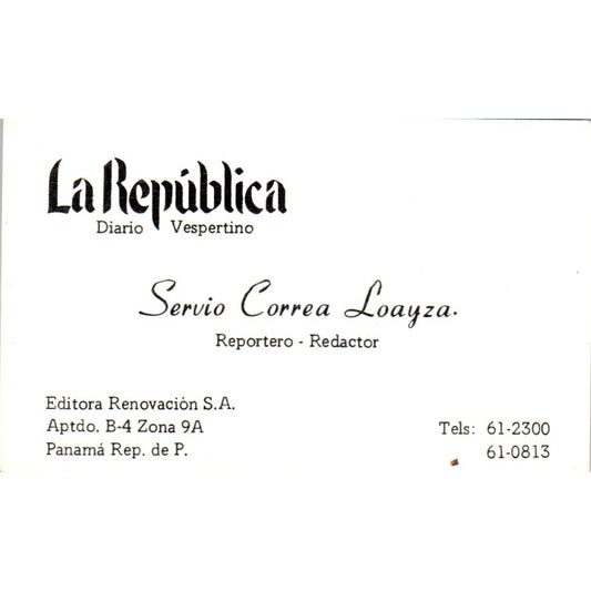 La República Diario Vespertino Servio Correa Loayza Panama Business Card SD8-B16