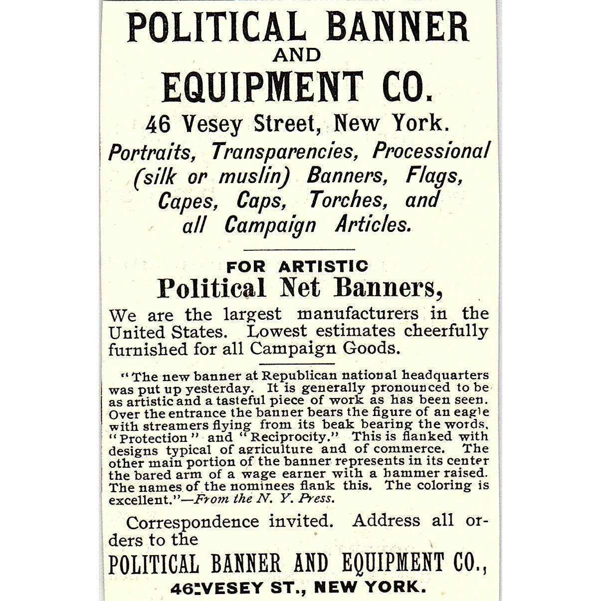 Political Banner and Equipment Co 46 Vesey St. New York 1892 Ad AG2-M19