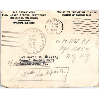 1945 WWII Mailing Card Pvt David R. Markley, Cap. James E. Williams TH9-SX2