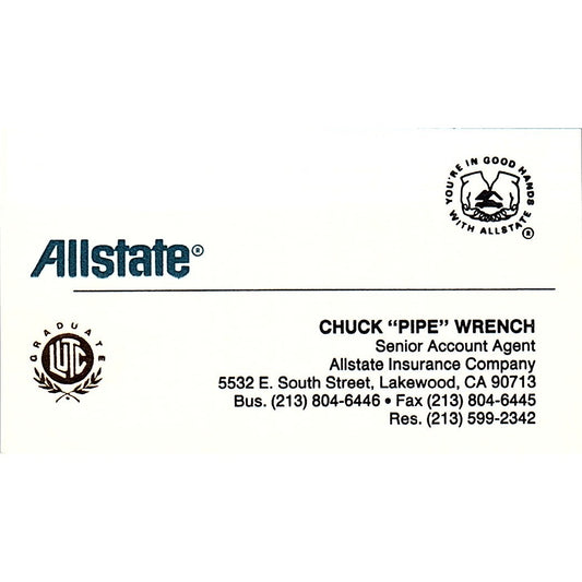 Chuck "Pipe" Wrench Allstate Agent Lakewood CA Vintage Business Card SD9-B9