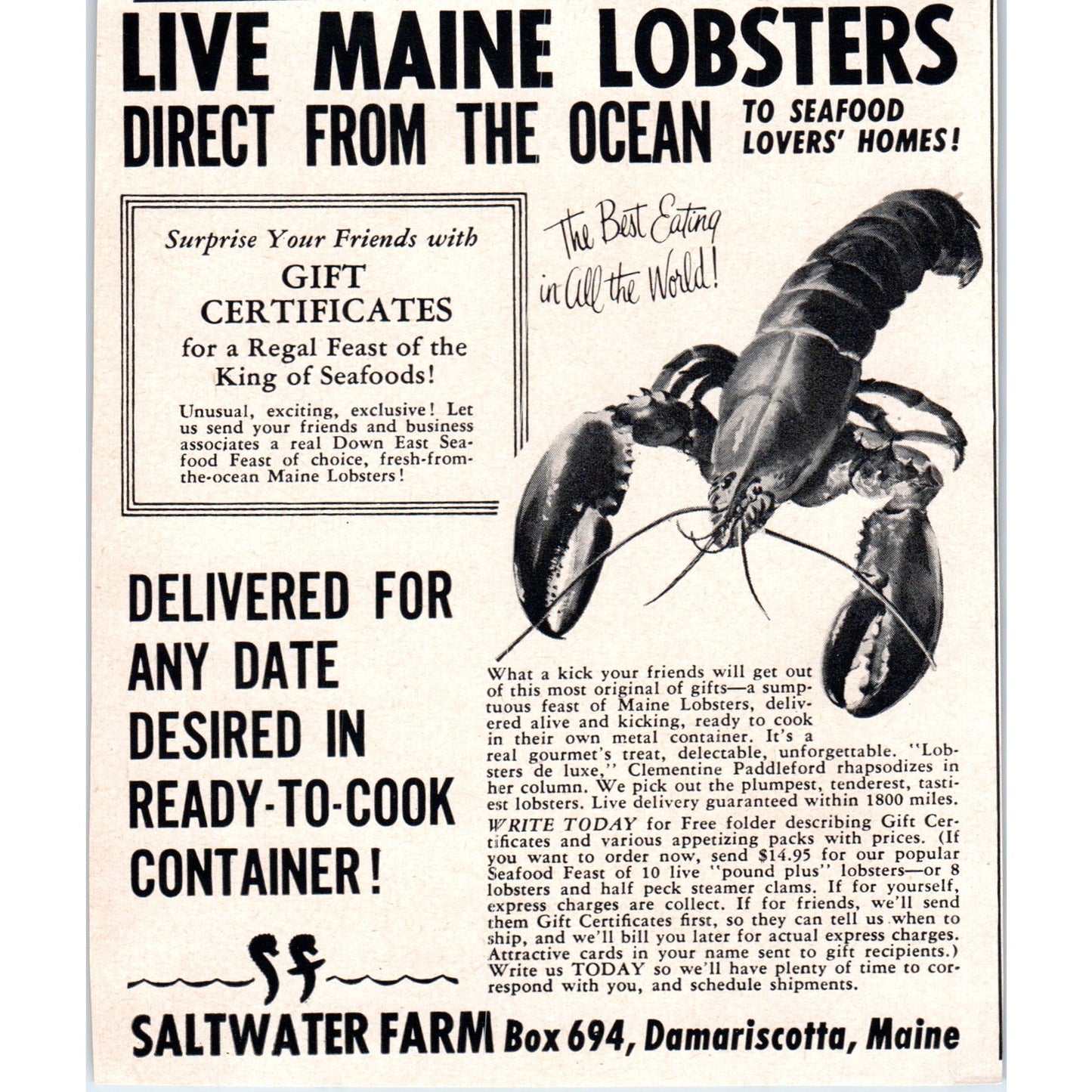 Live Maine Lobsters Saltwater Farm Damariscotta ME 1951 Magazine Ad AF1-MF1