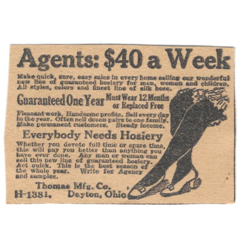 Hosiery Agents Wanted Thomas Mfg Co Dayton OH 1923 Magazine Ad Clip AE1-6