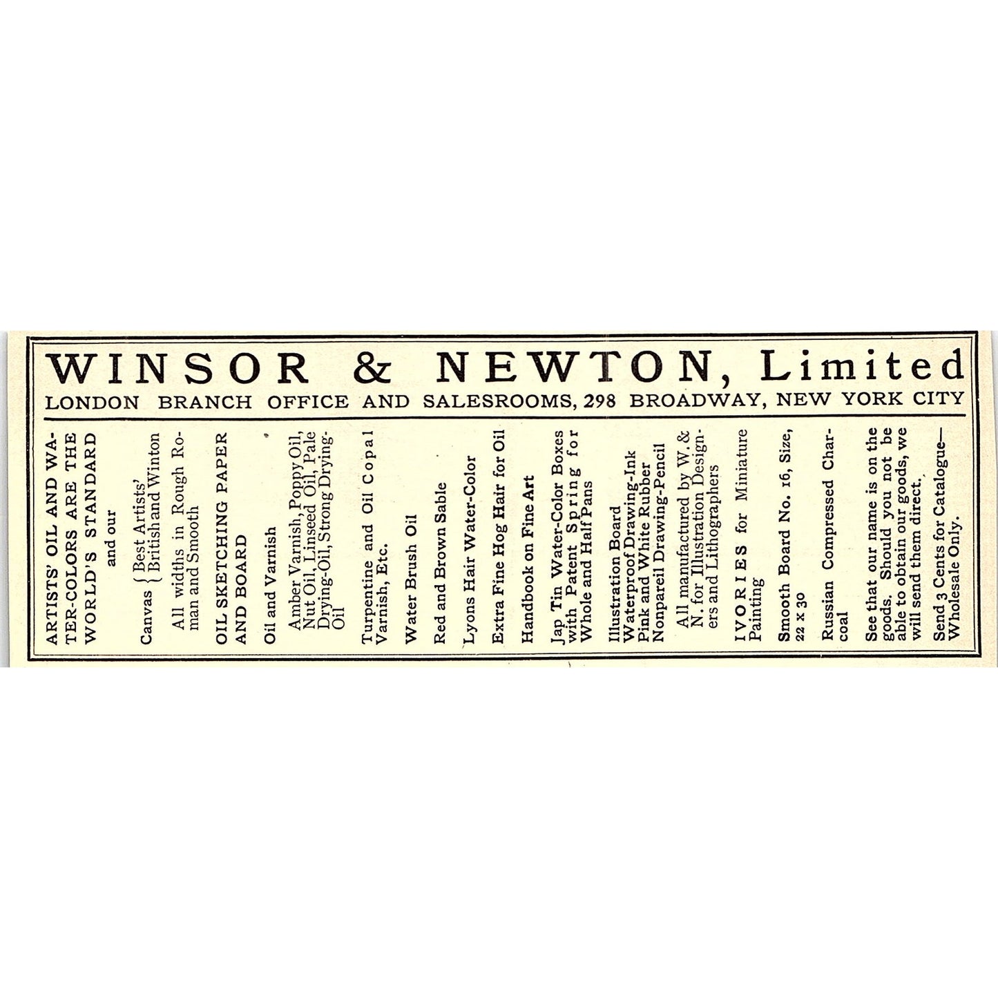 Winsor & Newton Artist Supplies Broadway New York - 1908 Ad AF5-5