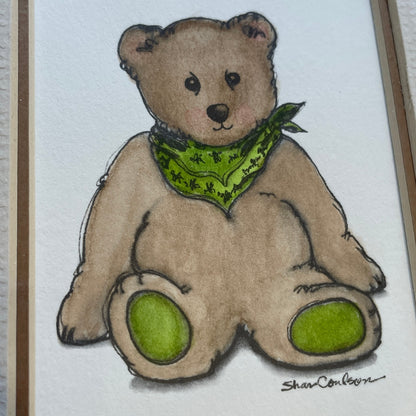 Teddy Bear Green Accents 5x7 Matted Print Hand Watercolor, Signed Shar Coulson