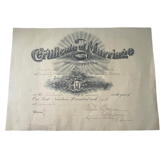 1908 Leland Smillie & Rebecca Branch Kansas City MO Marriage Certificate V36-2