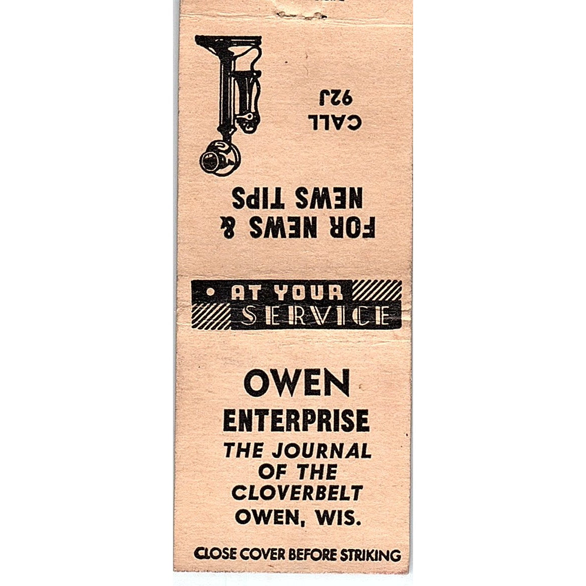 Owen Enterprise Cloverbelt Journal Owen WI Vintage Matchbook Cover SF3-Y2