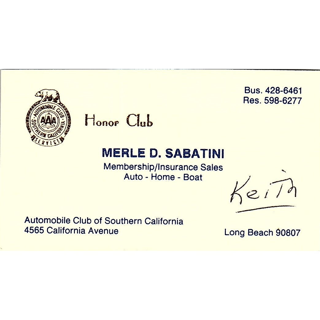 Merle D Sabatini Automobile Club of Southern CA Long Beach Business Card SE3-B15