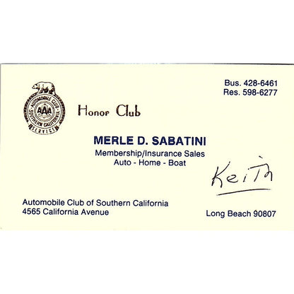 Merle D Sabatini Automobile Club of Southern CA Long Beach Business Card SE3-B15