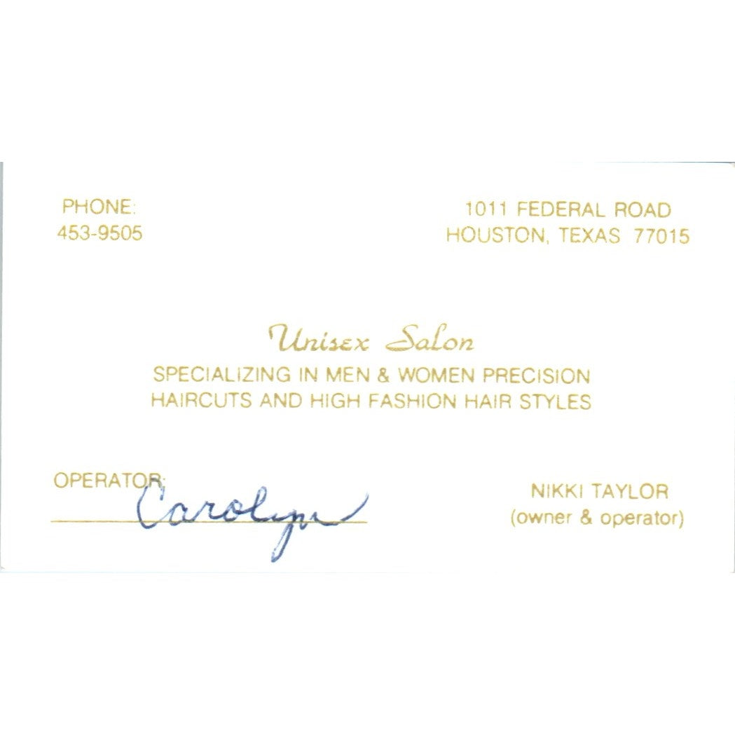 Unisex Salon Nikki Taylor Houston TX Vintage Business Card SD8-B10