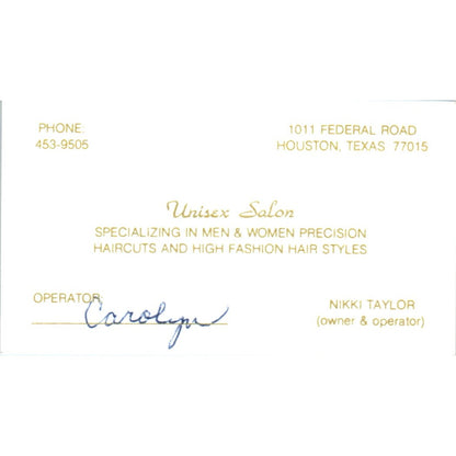 Unisex Salon Nikki Taylor Houston TX Vintage Business Card SD8-B10