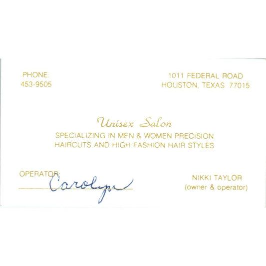 Unisex Salon Nikki Taylor Houston TX Vintage Business Card SD8-B10