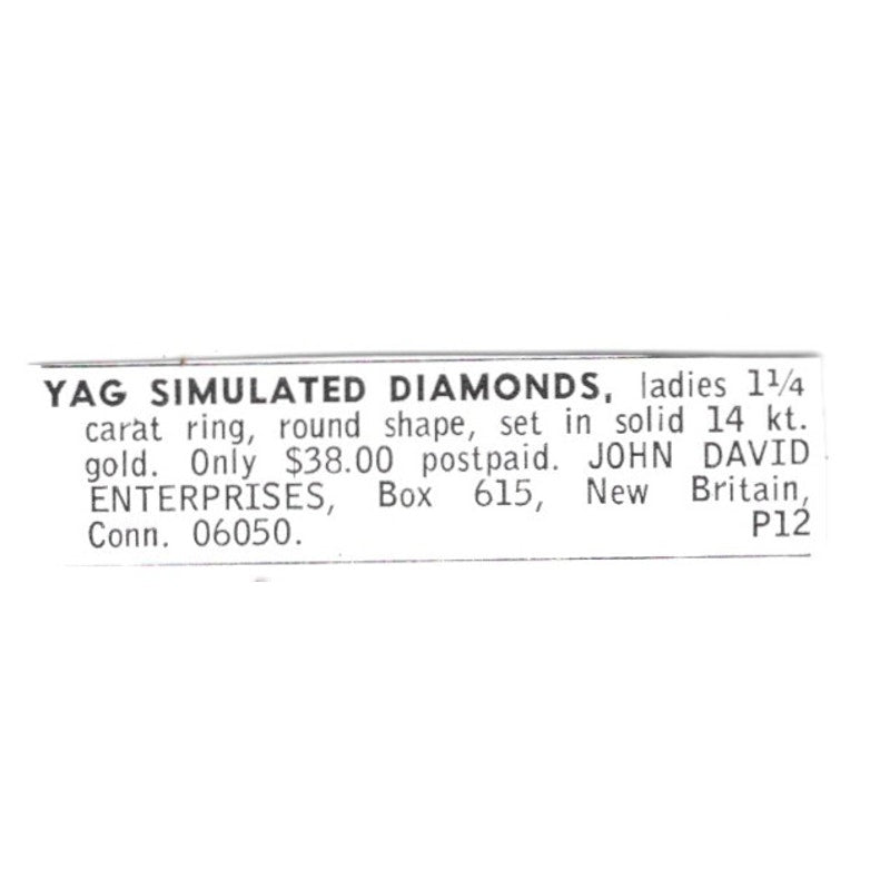John David Enterprises Yag Simulated Diamonds New Britain CT 1972 Ad AF8-S9