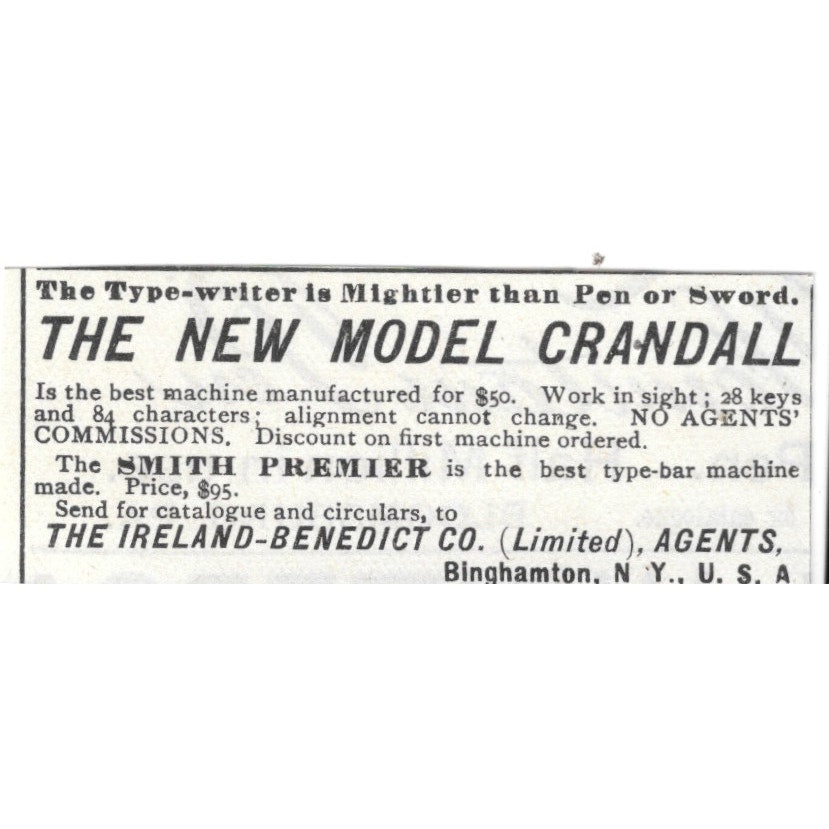 The Ireland-Benedict Co New Model Crandall Typewriter Binghamton 1892 Ad AG2-S21