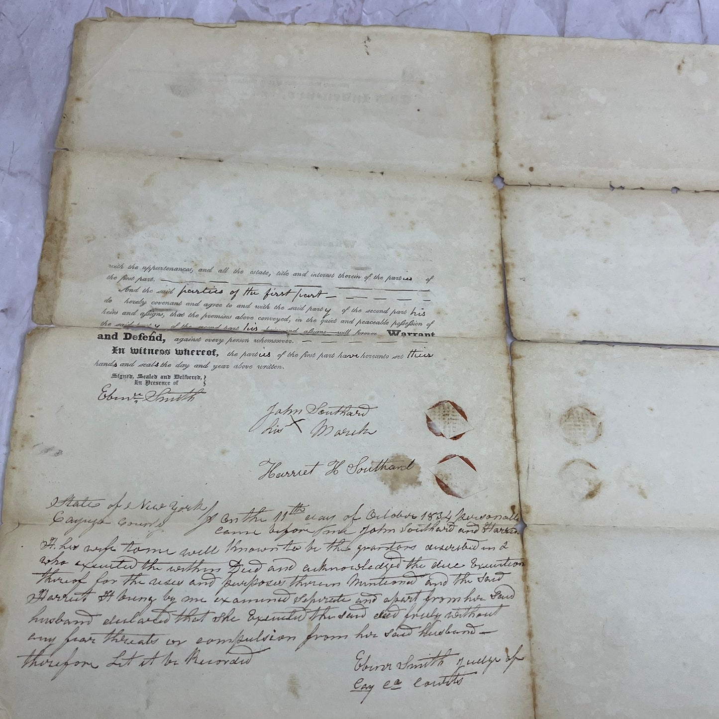 1834 Moravia Cayuga County NY Deed John Southard George BowenTJ5-E2