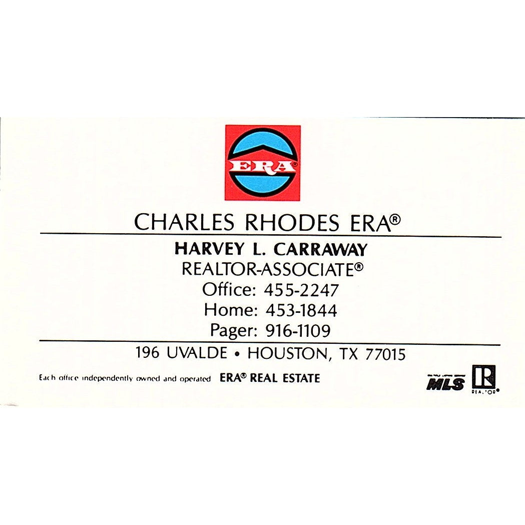 Charles Rhodes ERA Harvey L Carraway Realtor Houston TX Business Card SD9-B13