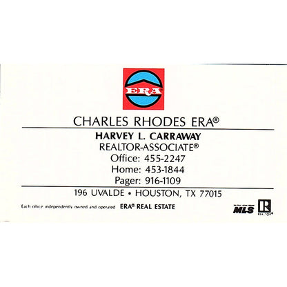 Charles Rhodes ERA Harvey L Carraway Realtor Houston TX Business Card SD9-B13