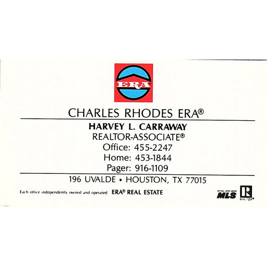 Charles Rhodes ERA Harvey L Carraway Realtor Houston TX Business Card SD9-B13