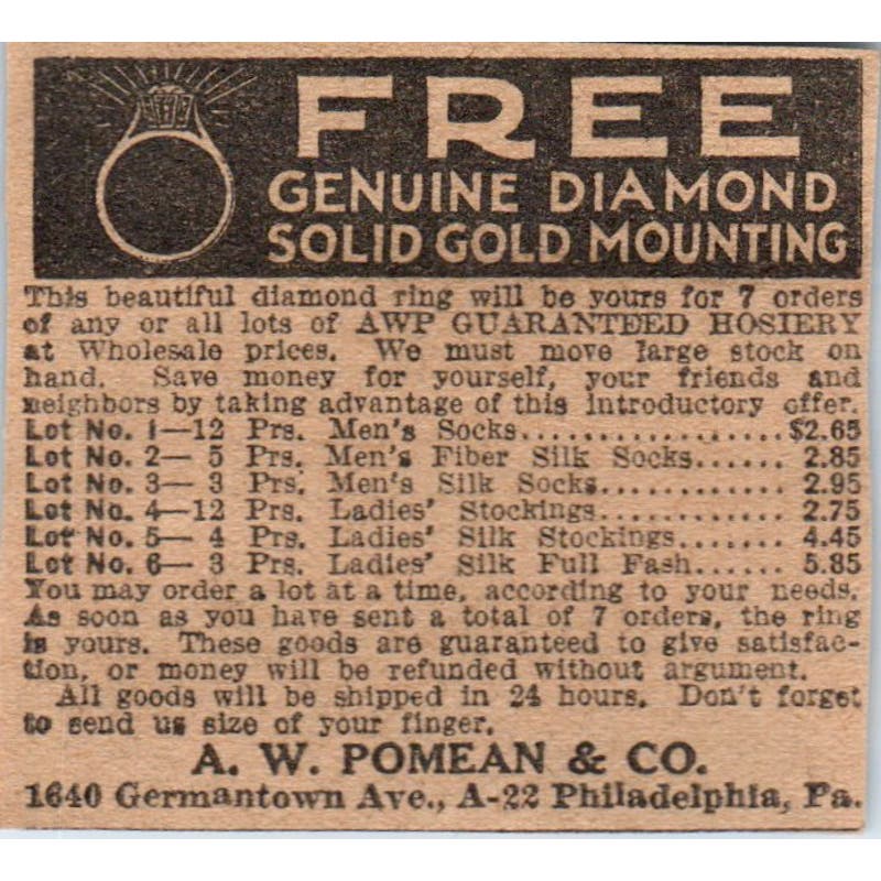 A.W. Pomean & Co Philadelphia Diamond Rings 1923 Magazine Ad Clip AE1-5