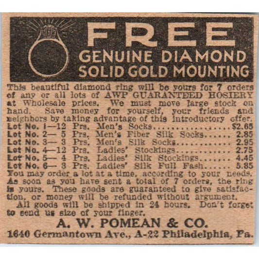 A.W. Pomean & Co Philadelphia Diamond Rings 1923 Magazine Ad Clip AE1-5